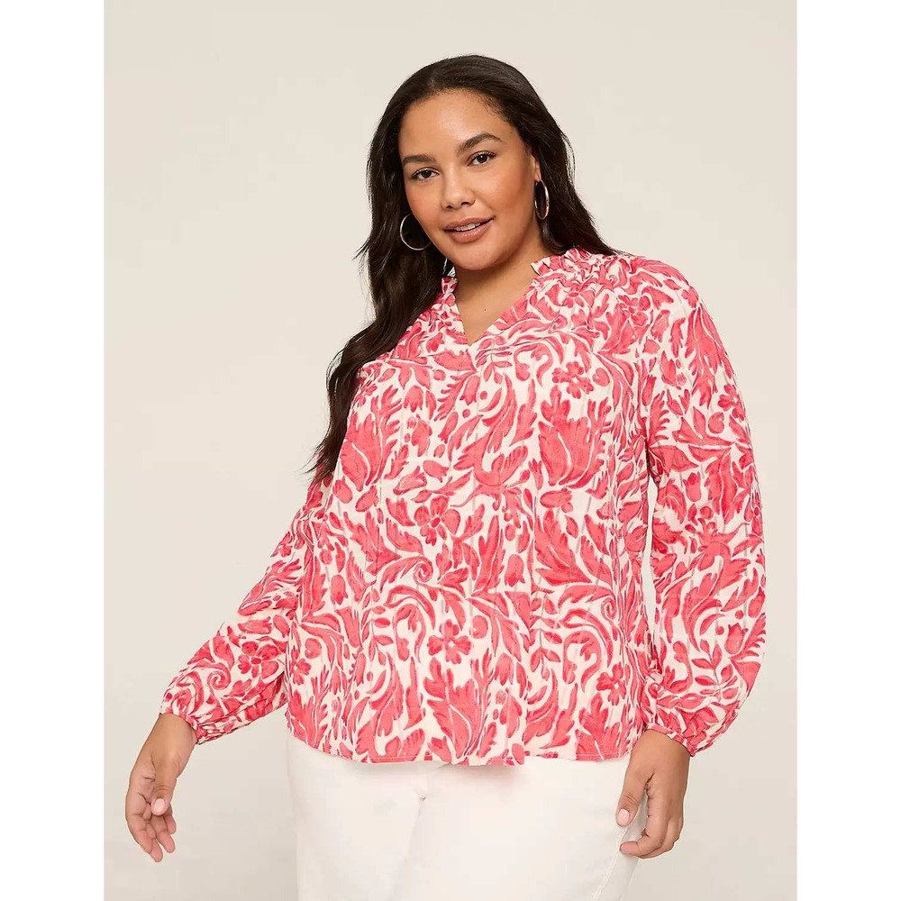 Lane Bryant Blouse Women 22/24 Red Floral V-Neck Long Sleeve Sheer‎ Textured